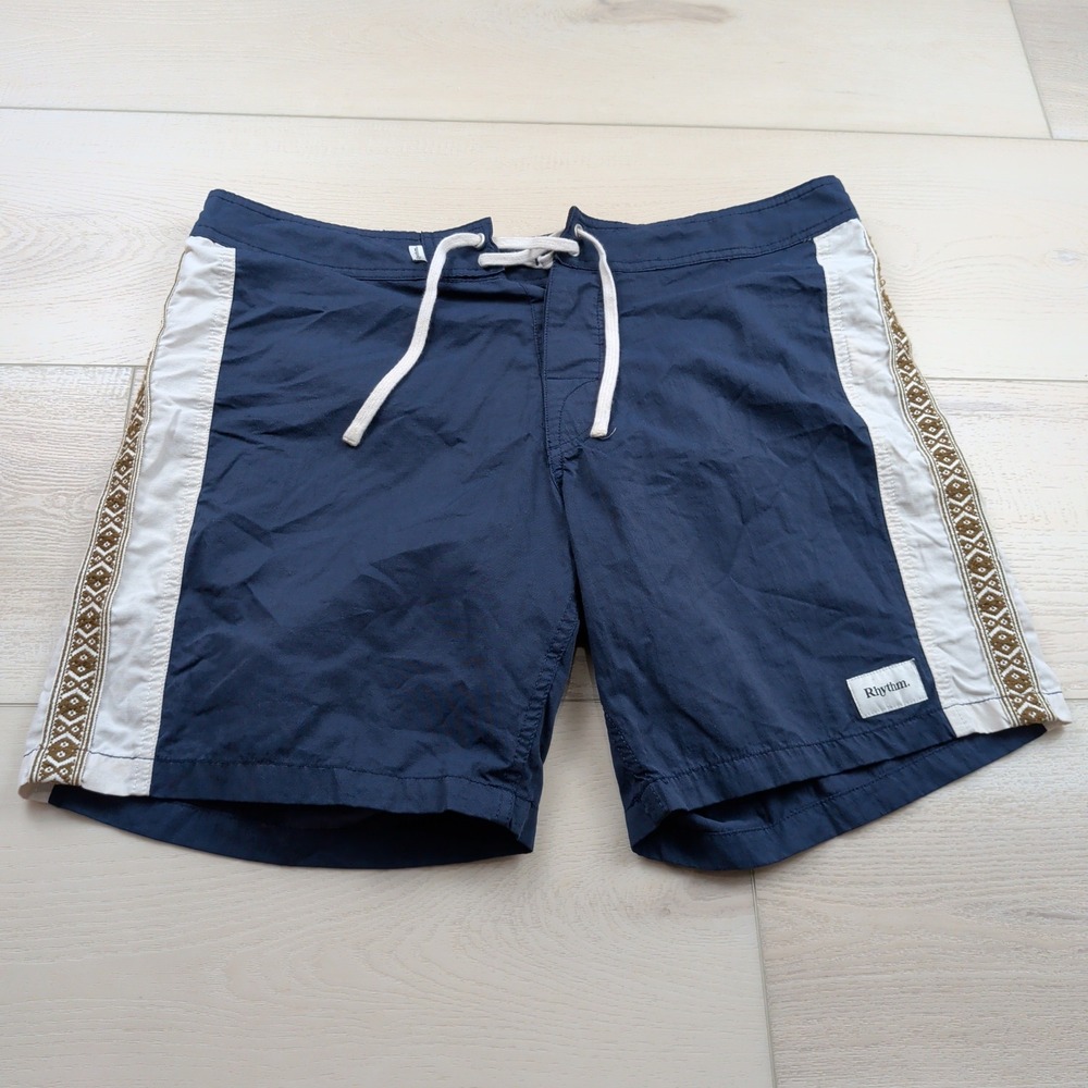 Rhythm Mens Navy Blue Board Shorts Size 34 Embroidered Trim Swim Trunks